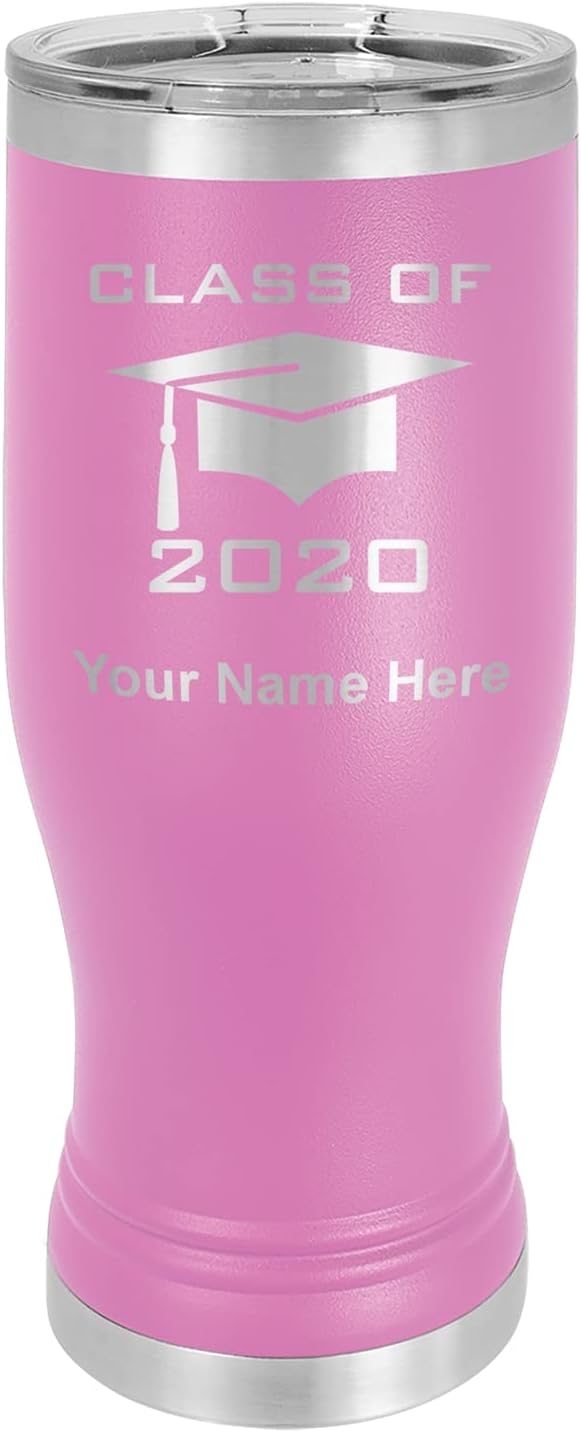 LaserGram 14oz Vacuum Insulated Pilsner Mug, Grad Cap Class of 2024, 2025, 2026, 2027, 2028, Personalized Engraving Included (Dark Blue)