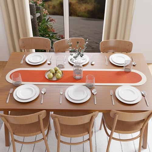 Image of Encasa XO Table Runner for 4 Seater | Handmade Ribbed Style Cotton | 30x137 cm | Coral & Off White | for Dining & Center Table