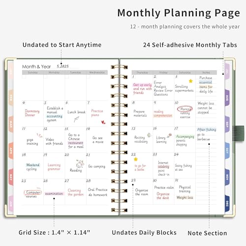 RETTACY Undated Planner, Weekly and Monthly, 53 Weeks and 12 Months, Medium Size (5.7" x 8.3"), 24 Self-adhesive Monthly Tabs, Hardcover, 100 GSM Thick Paper, Spiral-bound (Light Green) - Image 4