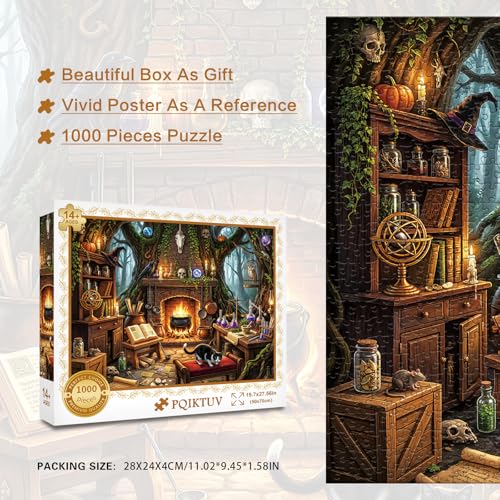 Rompecabezas de 1000 piezas para adultos: Cabaña de bruja con caldero y gato negro, decoración gótica para pared y regalo ideal para fanáticos de Halloween, 27,56" x 19,7" miniatura 6