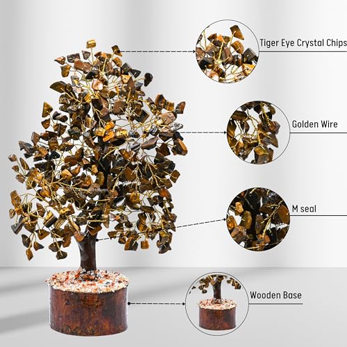 Image of Certified Tiger Eye Crystal Tree for Good Luck - Healing Crystals Money Tree for Wealth, Positive Energy at Home Office - Decorative Spiritual Gifts for Vastu, House Warming