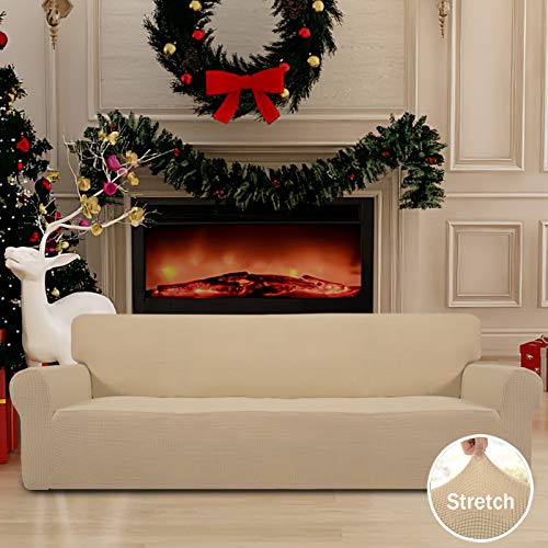 Image of Easy-Going Stretch 4 Seater Sofa Slipcover 1-Piece Sofa Cover Furniture Protector Couch Soft with Elastic Bottom for Kids, Polyester Spandex Jacquard Fabric Small Checks Sand