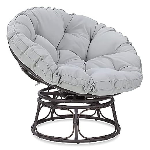BELLEZE Outdoor Large Papasan Circle Chair for Pool, 360-Degree Swivel Cozy Rattan Chair with Big Tufted Fabric Cushion, Rattan Wicker Frame, Sturdy Steel Base - Gray