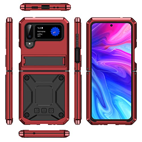 Compatible With Samsung Galaxy Z Flip 4 Metal Case With Kickstand Military Heavy Duty Shockproof Aluminum Case Hard Protection Cover For Galaxy Z Flip 4 (Red) #TOP5