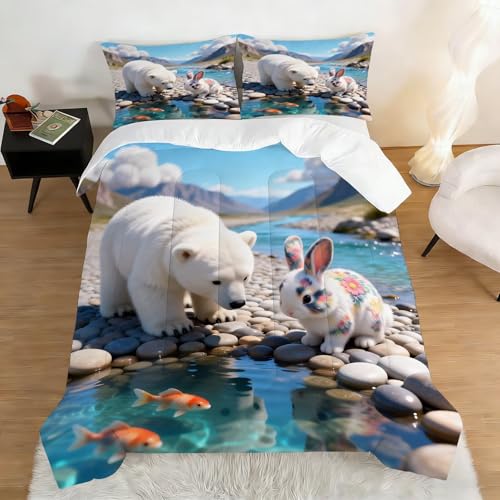 Image of Cute Animal Comforter Set Full Size Kids Bedding Sets for Girls Boys Teens Bedroom 3D Nature Wildlife Mountain Stream Bear Rabbit Quilt 1 Comforter 2 Pillowcases