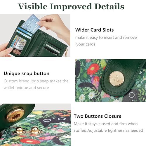 Image of Small Womens Wallet,Bifold Leather Wallet for Women RFID Card Holder Ladies Compact Pocket Wallet for Crossbody Bag (Cat Floral)