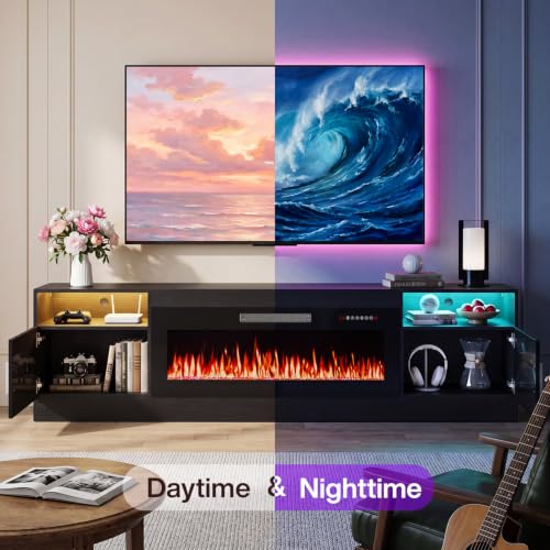 Image of Waleaf 80 inch Fireplace TV Stand with 40 inch Electric Fireplace,20 Colors LED Lights Entertainment Center for Living Room,Large High Gloss TV Console Cabinet for Televisions up to 930+ Inch