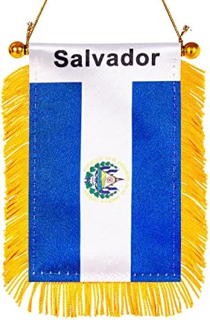 WXTWK 3 X 5 Inch salvador Flag Salvadorans Window Hanging Flag Small Mini Car Flags Banners Rearview Mirror Decoration With Suction Cup Golden Fringy Banner