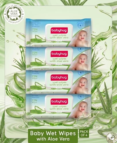 Image of BABYHUG Wet Wipes with Aloe Vera | 98% Water Based | pH Balanced | Paraben & Alcohol Free (Pack Of 4)(Count 288 Wipes)