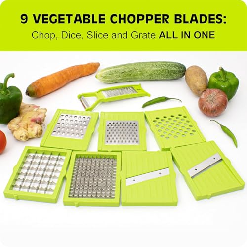 Image of Tekcool 9 in 1 Multipurpose Chopper, Fruits & Vegetable Cutters, Grater Peeler Chipser, Unbreakable Food Grade Body, Easy Push to Clean Button Slicer Dicer, Chopper for Kitchen (Green, Plastic)