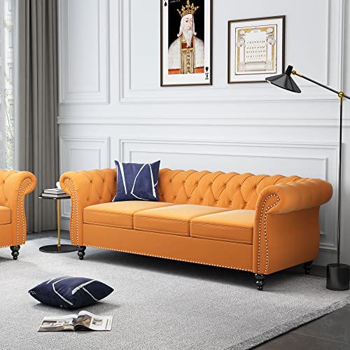 Image of ORRD 2 Piece Living Room Set, Velvet Chesterfield Sofa Loveseat Couch with Scroll Arms and Nailhead for Living Room, Office (Mango)