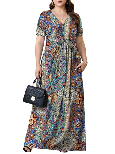 Image of PEVRL Plus Size Summer Maxi Dress for Curvy Women with Pockets 1X-5X | Short Sleeve, Twisted Front V-Neck, Summer Casual A Line Flowy Dress, Empire Waist Floral Print Beach Vacation Long Dress