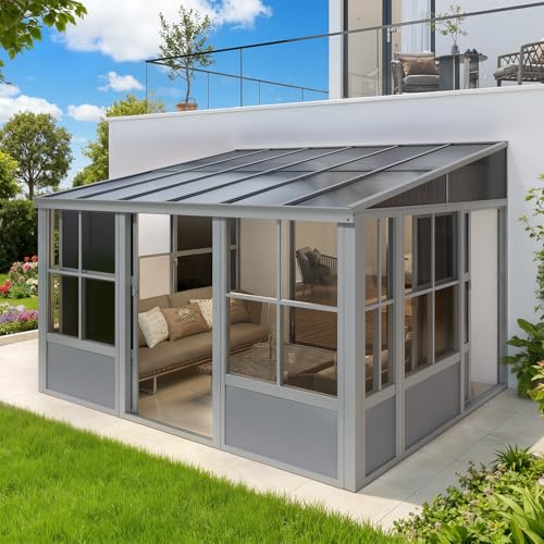 YOLENY 10x12 FT Wall Mounted Sunroom with Polycarbonate Sloping Roof,