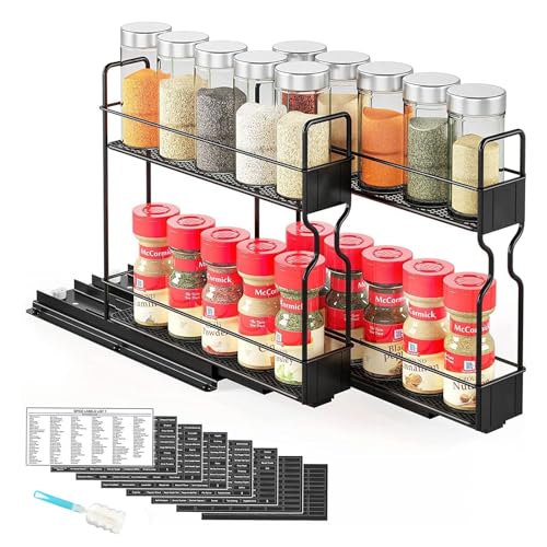 Esenlong Estantería para especias de 2 niveles, de pie, extensible, organizador de cocina, estante de metal para especias con rieles de rodillo, color negro