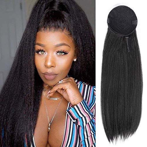 AISI QUEENS Long Yaki Straight Ponytail Extensions Synthetic 22" Straight Kinky Bun Drawstring Ponytail Hairpiece with Clip for Women(Color: Black)