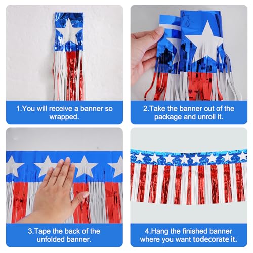 Image of BEISHIDA 3 Packs Metallic Foil Fringe Garland Star Red White Blue Wall Hanging Tinsel Fringe Banners for Car Floats 4th of July Memorial Day Patriotic New Year Party Decoration(30 Feet)