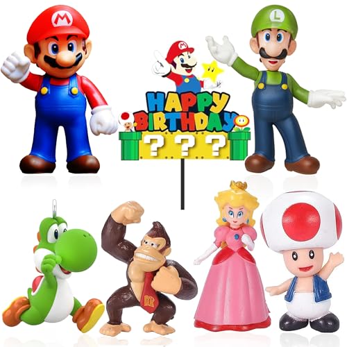 ZASHMART Decoración para tartas de Super Mario, tarjeta de cumpleaños de Mario con 6 figuras de acción de Mario, decoración de pastel de cumpleaños, decoración de pasteles, decoración de fiesta para