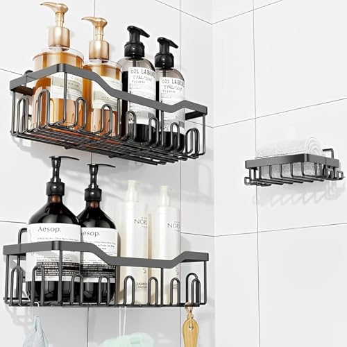 Image of Self Adhesive Bathroom Shelf Combo Pack of 3 | No Drill Rust Proof Metal Bathroom Organizer Set | Wall Mounted Storage Shelves with Soap Holder | Multipurpose Rack for Bathroom, Kitchen