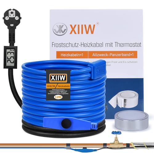 Câble chauffant antigel de 12M avec Thermostat et affichage de la Température, Cable Chauffant de 16 W/M 230V IP68 câble chauffant étanche pour tuyauterie,...