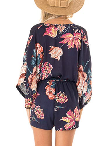 Aimcoo Women's Summer Floral Print Jumpsuits Long Baggy Sleeve High Waist Tie Knot Rompers Casual Short Romper #TOP4