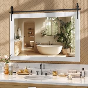 Hasipu Farmhouse Bathroom Mirror 48×32 Rustic Wood Framed Wall Mounted Mirror White Vintage Vanity Mirror Barn Door Style Decrative Mirrors