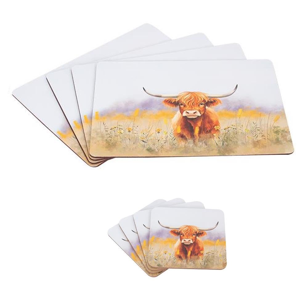 Yöl 4 Cow Placemats + Coasters 4 Highland Cow Placemats & 4 Coasters - Dining Table Surface Protection Food Drink Cork Backing Non-Slip Worktop Saver
