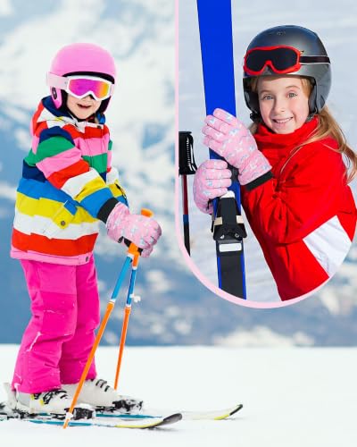 Image of Geyoga Kids Waterproof Winter Snow Ski Gloves | for Boys Girls, Warm Lining, Non-slip PU Leather Palm, Elastic Cuff with Adjustable Strap, for Outdoor Cold Weather