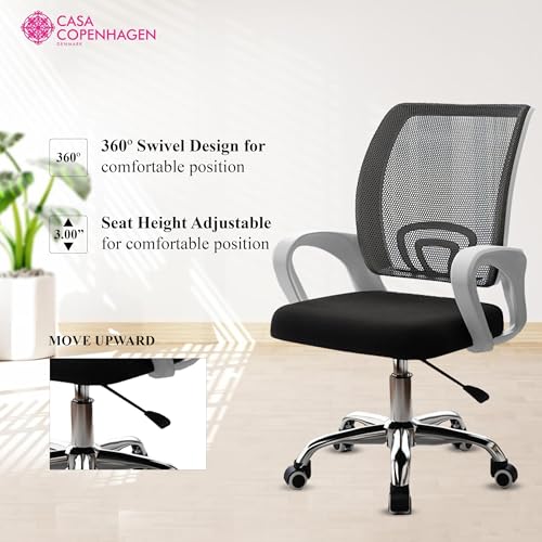 Image of Casa Copenhagen Mesh Mid Back Office /Study /Computer /Revolving /Desk Chair for Work from Home -Metal Base, Height Adjustable Seat - Black & White Handle