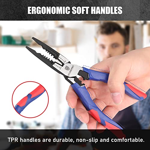 Workpro 8 Inch Needle Nose Pliers, Multipurpose Long Nose Pliers With Wire Stripper/Crimper/Cutter Function, Premium Heavy-Duty Crv Steel Hand Tool Plier For Home, Crafts #TOP1