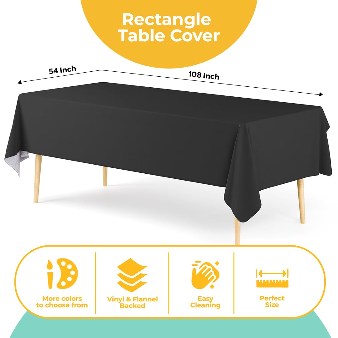 Exquisite Mantel de Vinilo Negro – 137 x 274 cm – Pack de 3, Mantel Rectangular con Parte Posterior de Franela, plástico, Reutilizable e Impermeable