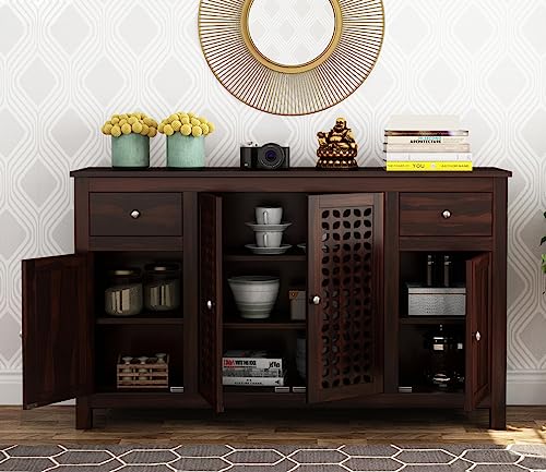 Image of Solid Sheesham Wood Wooden Sideboard Storage Cabinet : Ideal for Living Room and Bedroom with 2 Drawers and 7-Shelf Storage (Mendes, Walnut Finish)