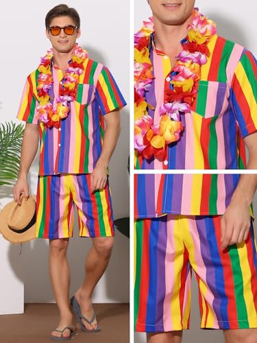 Lars Amadeus Stripe Hawaiian Sets for Men's 2 Pieces Short Sleeves Button Beach Shirt Shorts4