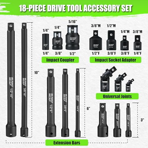 Image of 18-Piece Impact Socket Extension Set - 1 /4 inch 3 /8 inch 1 /2 inch Drive Socket Extension Bars, Includes Ratchet Extension Set, Socket Adapter Set, Swivel Universal Joints & Impact Coupler, CR-V Steel