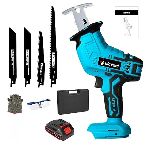 Victool Serra Sabre 21V Sem Fio 3500 SPM, Serra Recíproca com Motor de Cobre, Velocidade Variável e Luz LED, Para Corte de Madeira, Metal e Plástico, 2 Baterias 1300mAh, Sem Carregador