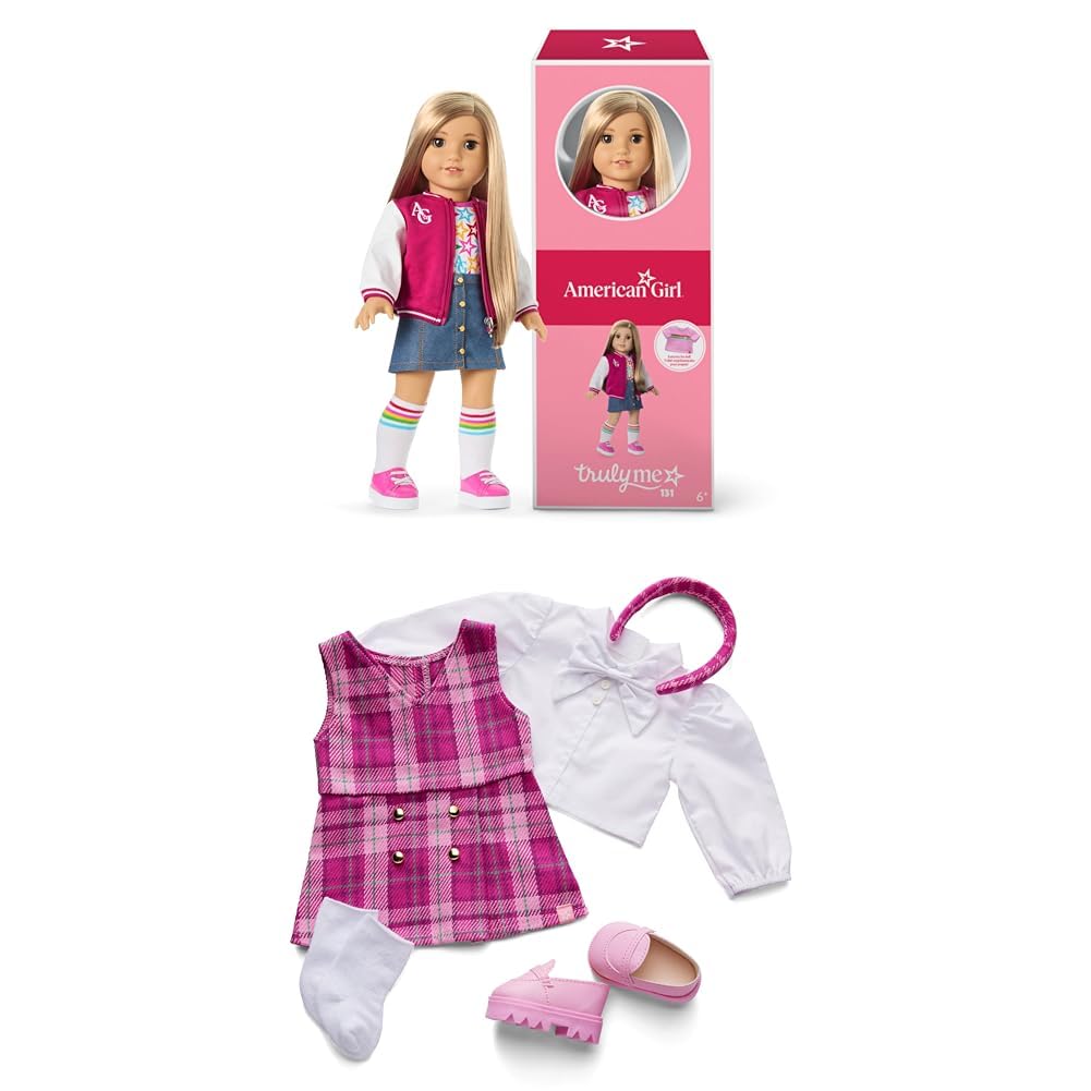 Bundle of American Girl, Truly Me 18-inch Doll #131 with Brown Eyes, Straight Blonde Hair, Light-to-Medium Skin, for Ages 6+ + Truly Me 18-inch Doll Outfit, Pink &amp; Preppy Outfit, for Ages 6+