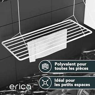 Erica - Etendoir a Linge Plafond 140x50cm, 11,2m de Surface de Séchage, Mini Seche Linge à Pliage Vertical 2,5m, Métal avec Revêtement Plastique sans PVC, Séchoir Suspendu Blanc