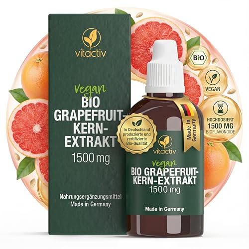 Vitactiv Bio Grapefruitkernextrakt 1500mg Hochdosiert - 100ml Tropfen mit 73mg Vitamin C - Vegan, Laborgeprüft, DE-ÖKO-005 - Made in Germany - 45 Tage Vorrat