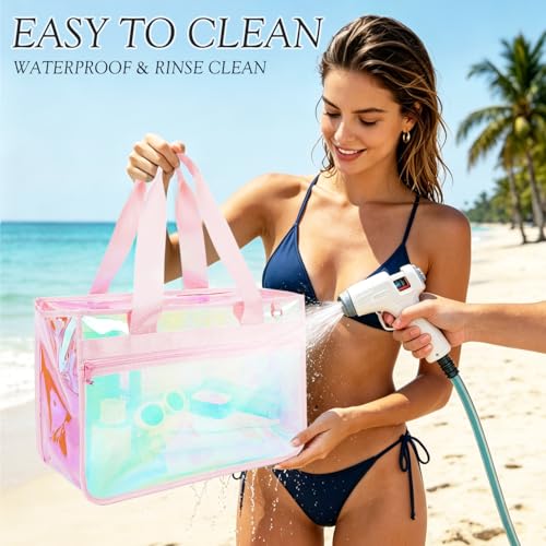 Image of Fammart Iridescent Clear Beach Bags Waterproof Sandproof for Women, Large Jelly Tote Zipper Pool Bag Cruise Essentials 2026