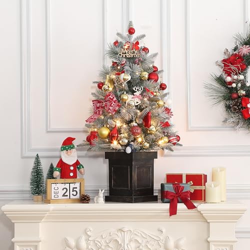 GarveeHome 3ft Small Christmas Tree 2 Set Pre-Lit Artificial Christmas Tree with 78 Led Lights, Snow Flocked Xmas Tree with Brown Base, Timer Function, Battery Operated, for Home Christmas Decor