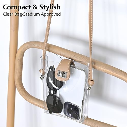 Women's Small Clear PVC Cross Body Bag Phone Bag with Vegan Leather Trim Transparent Turn-Lock Purse Stadium Approved2