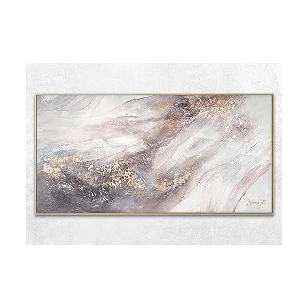 YS-Art Abstrakt Acryl Gemälde auf Leinwand Relax handgemalt Wandbilder Wohnzimmer modern Wohndekor Bilder Büro Praxis Creme Gold Farben echte Kunst mit Rahmen 140x70 cm – Bild 3