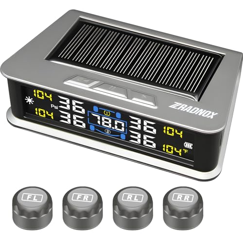 Tire Pressure Monitoring System - TPMS with Solar & USB Charger, Tire Pressure Monitor System with 4 External sensors & 6 Alarm Modes, LCD Real-time Display, Auto on/Off Mode, Easy to Install