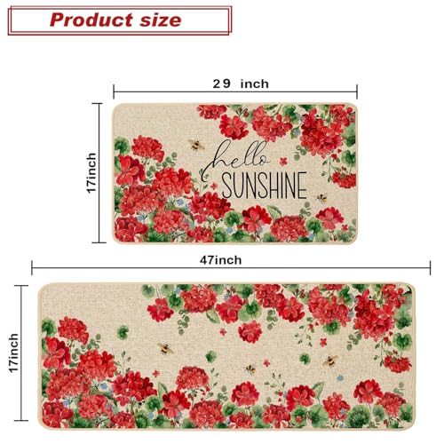 Baccessor Spring Summer Kitchen Mats Set of 2, Geranium Floral Bee Kitchen Rugs for Floor Non Slip Absorbent Low-Profile Seasonal Farmhouse Home Decor 17x29 and 17x47 Inch — view 3