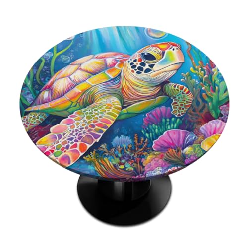 oooJHooo Round Fitted Tablecloth with Elastic, Summer Ocean Turtle Round Tablecloths Wipeable Waterproof Table Cover Indoor Outdoor Circle Cover for Dining Kitchen Patio Camping Picnic, 40"-44"