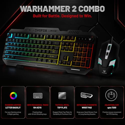 Image of EvoFox Warhammer 2 Semi-Mechanical Gaming Keyboard Mouse Combo Wired with Rainbow RGB Effect & Letter Backlit, Detachable Magnetic Wrist Pad, Metal Body,19 Anti-Ghosting Keys, 7200 DPI Mouse