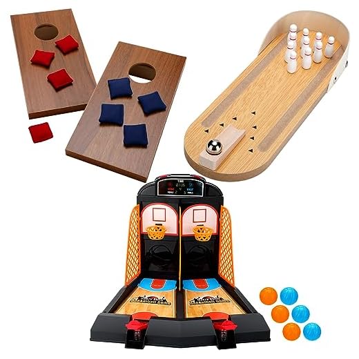 Liliful 4 Sets Tabletop Game Desktop Arcade Basketball Games Mini Bowling Game Portable Mini Desktop Cornhole Set of 2 Coated Wood Boards with 4 Red 4 Blue Bags Fun Desk Gifts for Kids Adults