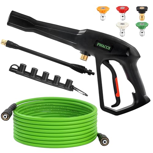 PWACCS Pressure Washer Gun and Hose Kit 25 FT Power Washer Hose with Replacement Lance Wand 5 Nozzle Tips M22-14 Fitting Compatible with Ryobi Green Works & Karcher