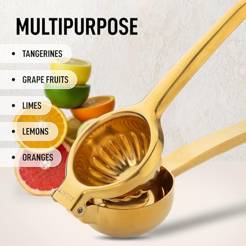 Image of Zulay Kitchen Extra Large Lemon Squeezer Stainless Steel - Easy Squeeze Heavy Duty Lemon Juicer Hand Press - Ergonomic Citrus Squeezer & Fruit Juicer for Small Oranges, Lemons, & Limes - Gold