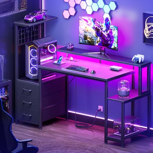 Image of Korfile 48 Inch Gaming Desk with LED Lights & Power Outlets,Computer Desk with Fabric Drawers & Side Hook,Reversible Gamer Table with Monitor Stand for Game Room,Home Office,Carbon Fiber Black