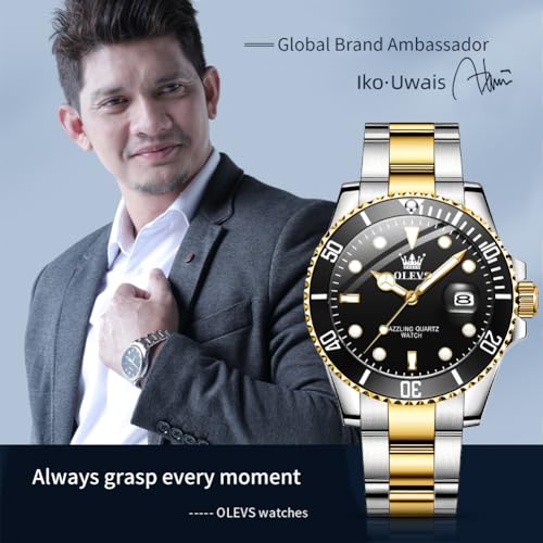 Image of OLEVS Watches for Men Classic with Date Business Dress Luxury Big Face Green /Black /Blue Waterproof Luminous Mens Wrist Watch Analog Two Tone Stainless Steel Men Watch